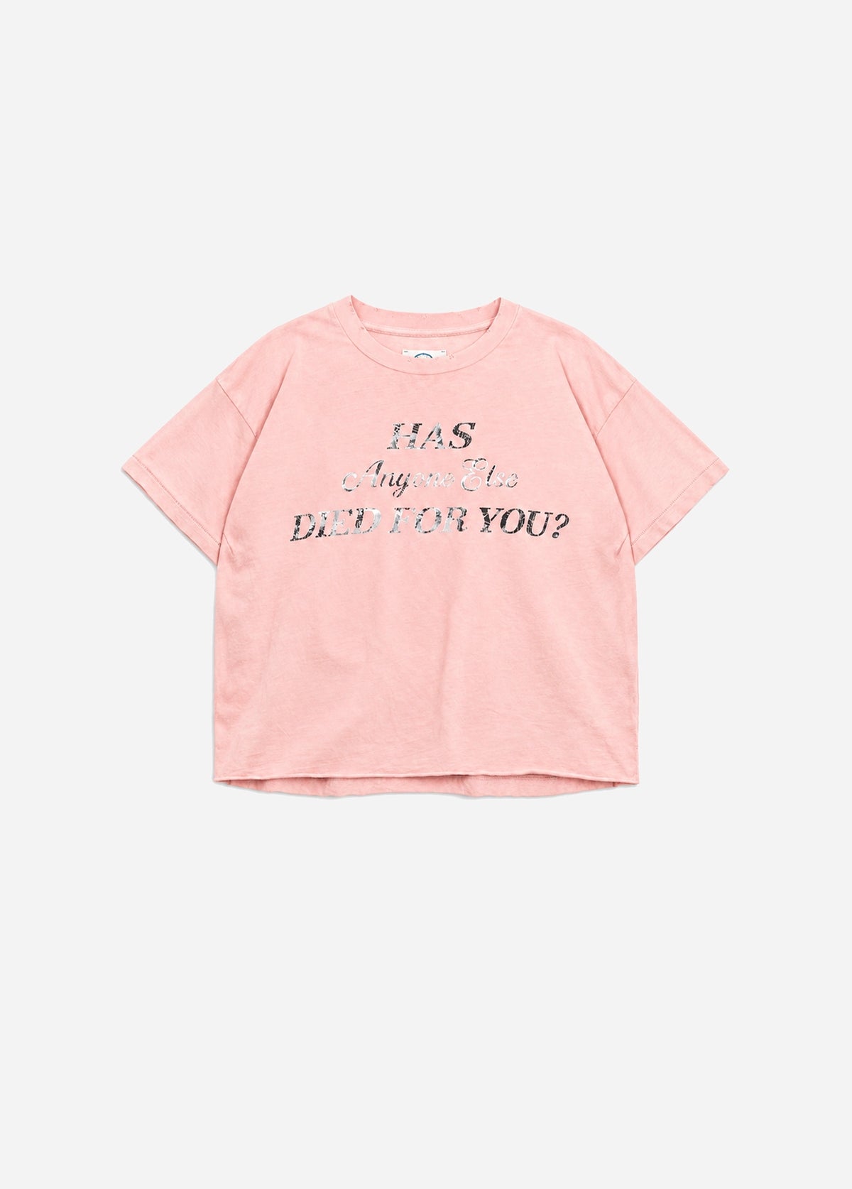 A light pink short-sleeve t-shirt with the text 'HAS ANYONE EVER DIED FOR YOU?' printed in a metallic silver font across the chest, displayed flat against a light gray background.