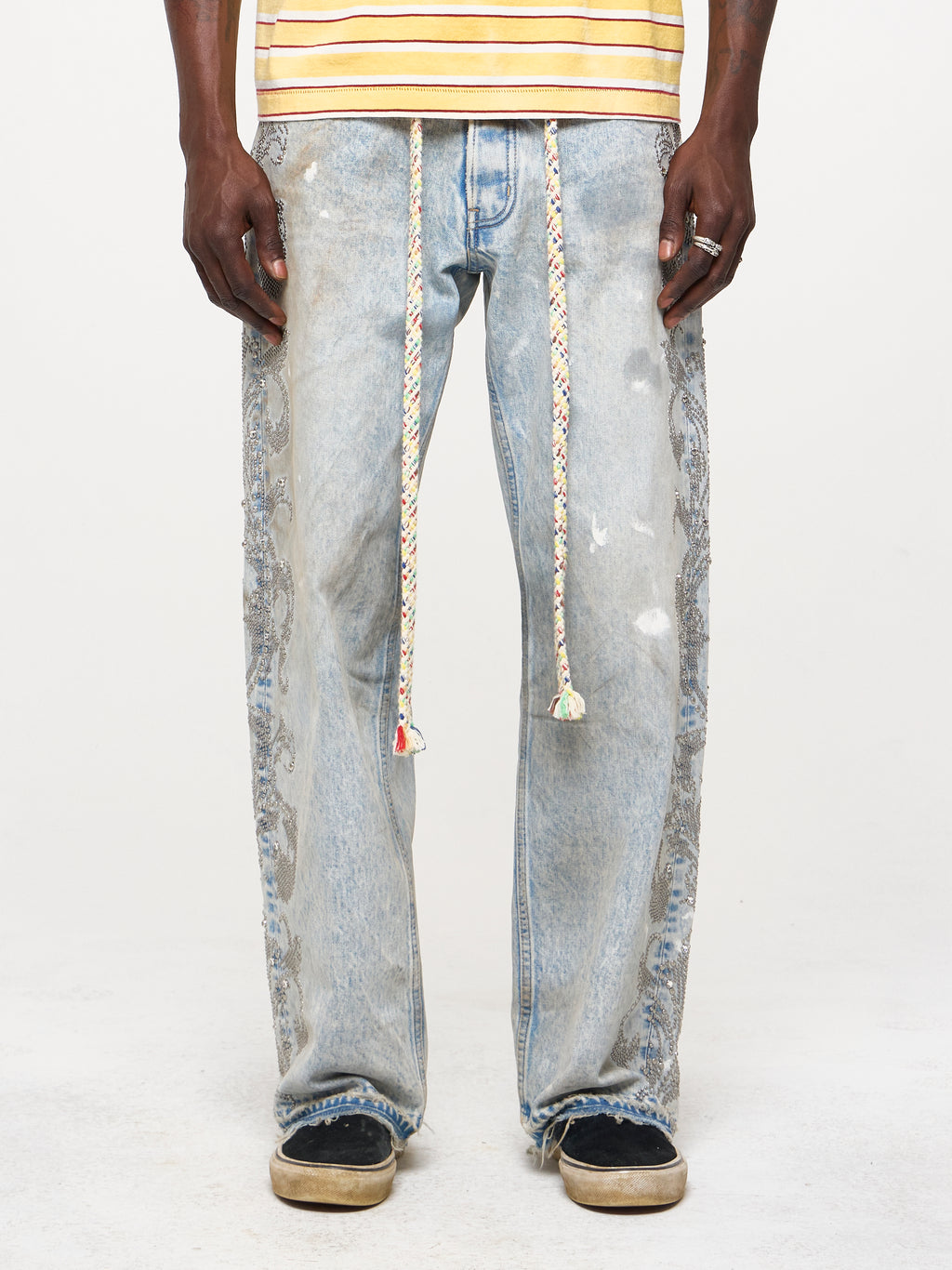 STUDDED WIDE LEG DENIM JEANS - SAND WASH