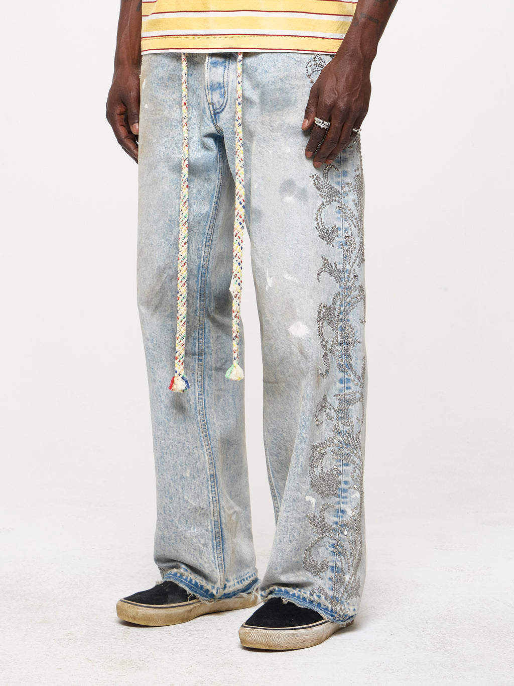 STUDDED WIDE LEG DENIM JEANS - SAND WASH