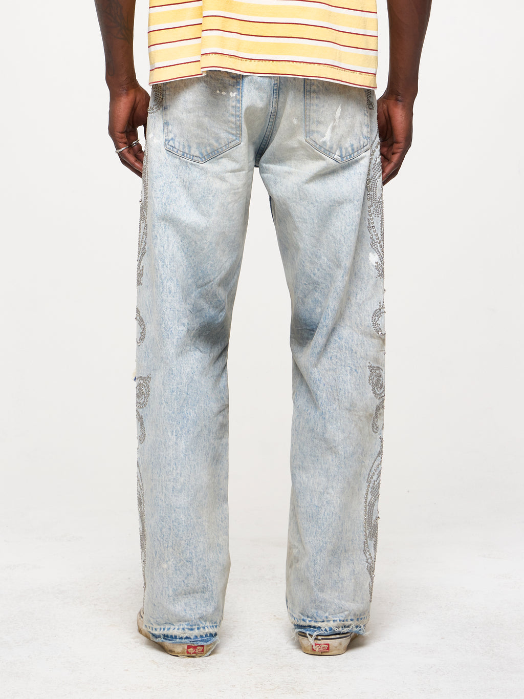 STUDDED WIDE LEG DENIM JEANS - SAND WASH