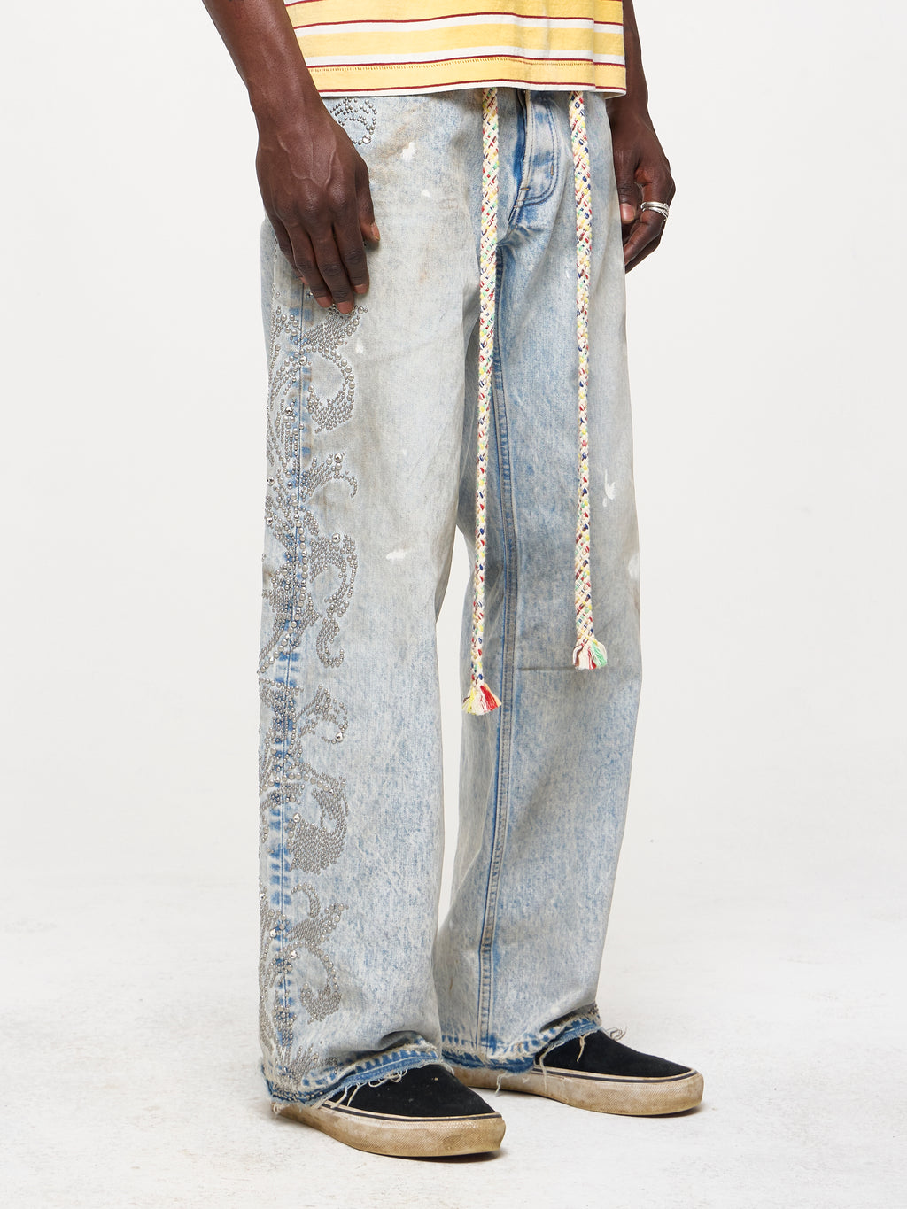 STUDDED WIDE LEG DENIM JEANS - SAND WASH