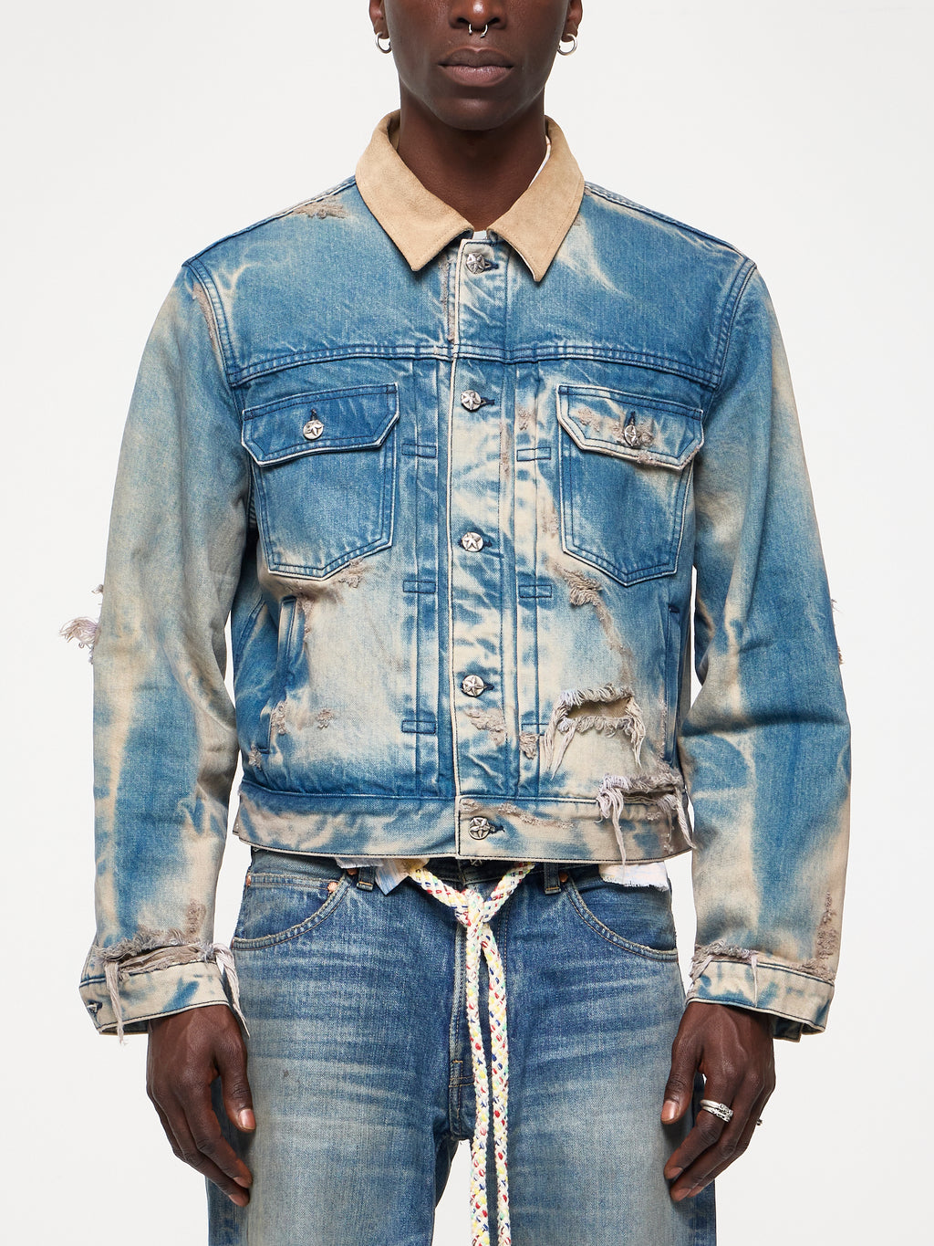 SUEDE COLLAR DENIM JACKET - VINTAGE BLUE