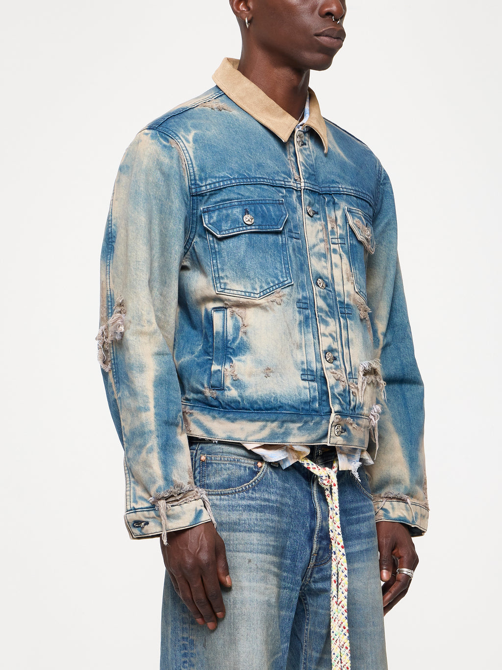 SUEDE COLLAR DENIM JACKET - VINTAGE BLUE