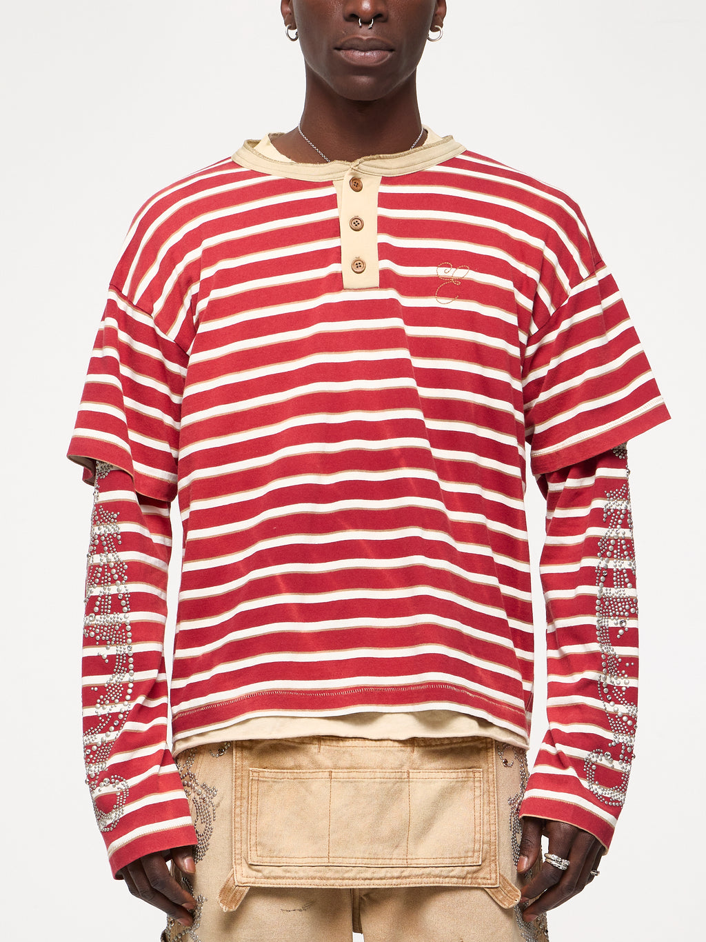 STUDDED STRIPE JERSEY LONG SLEEVE - RED