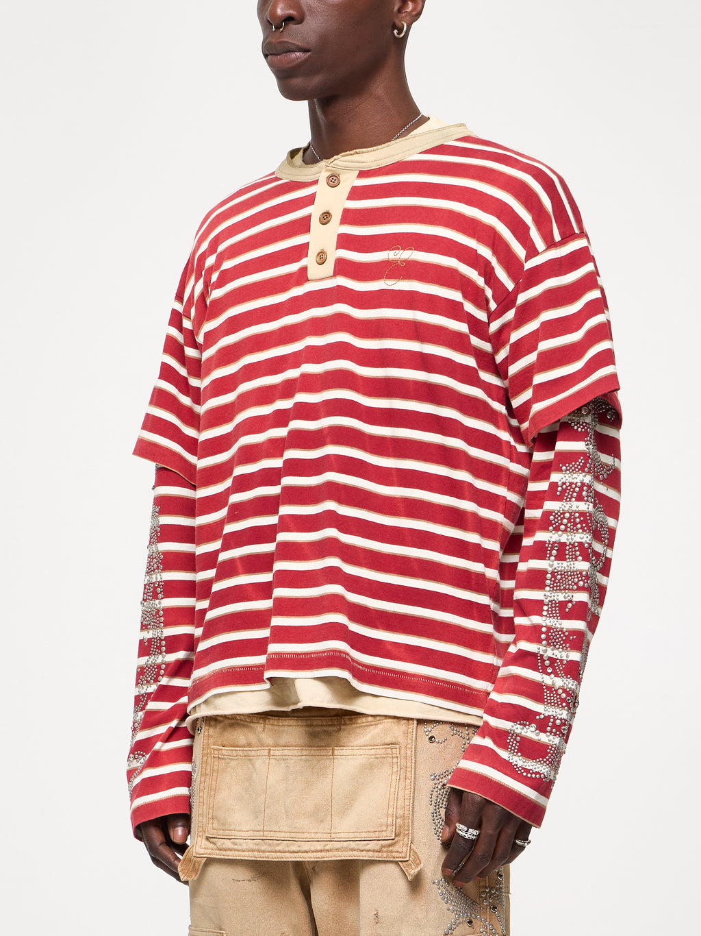 STUDDED STRIPE JERSEY LONG SLEEVE - RED