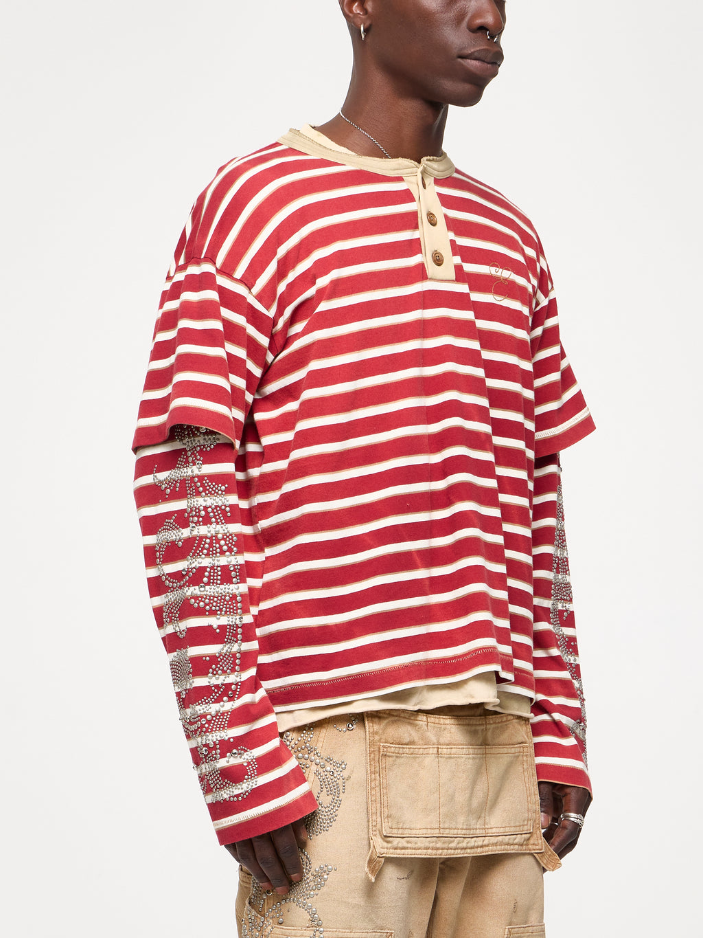 STUDDED STRIPE JERSEY LONG SLEEVE - RED