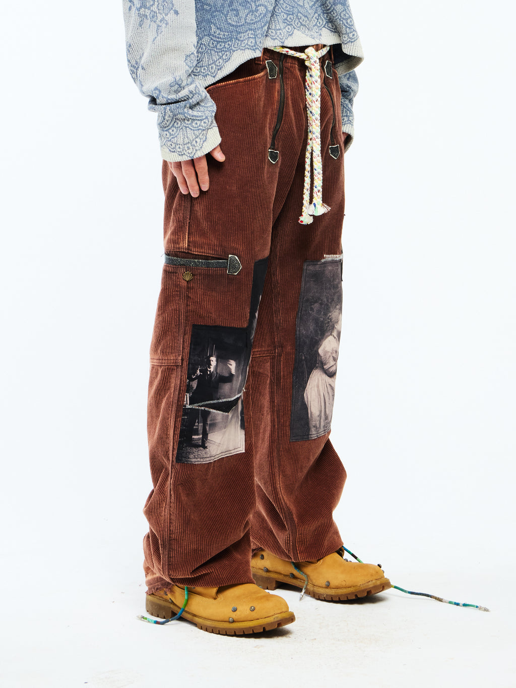 CORDUROY DOUBLE ZIP PANTS - BROWN
