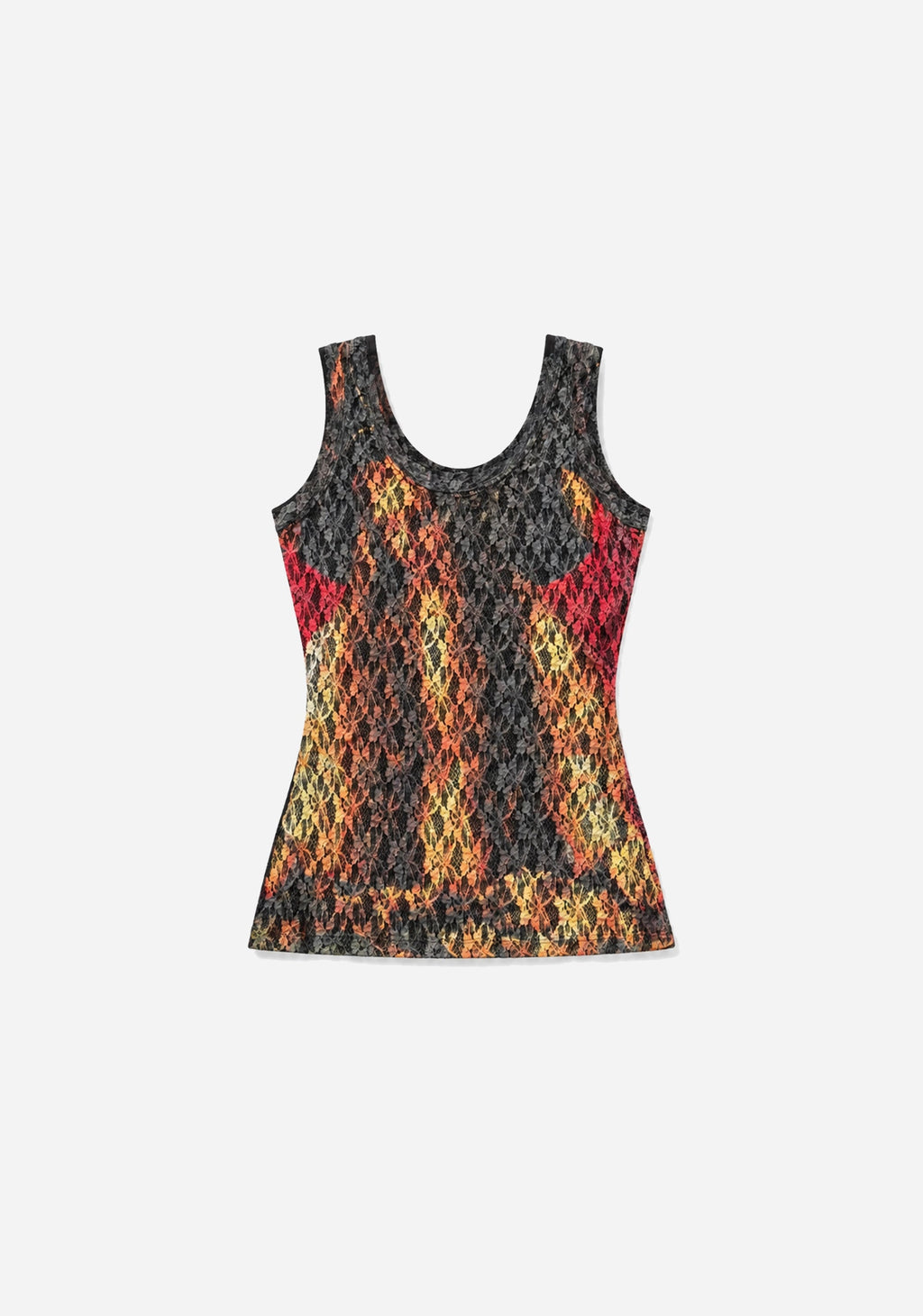 A sleeveless scoop-neck tank top featuring a textured, flame-like vertical pattern in black, orange, yellow, and red, displayed against a solid light gray background.